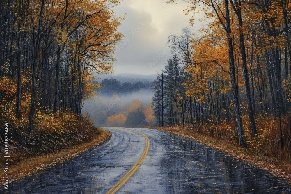 Serene Winding Road Through Autumn Forest With Misty Background in Early Morning Light Serene Winding Road Through Autumn Forest With Misty Background in Early Morning Light