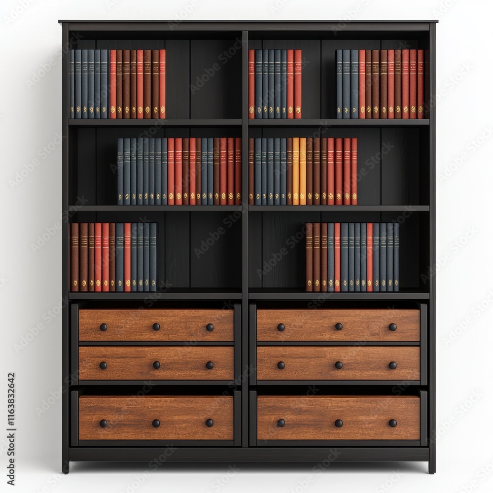 Classic Black Wooden Bookshelf with Red and Brown Books Classic Black Wooden Bookshelf with Red and Brown Books