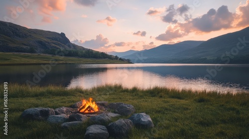 Peaceful sunset scene with a cozy campfire by the calm lake. Mountains frame the backdrop under a colorful sky.