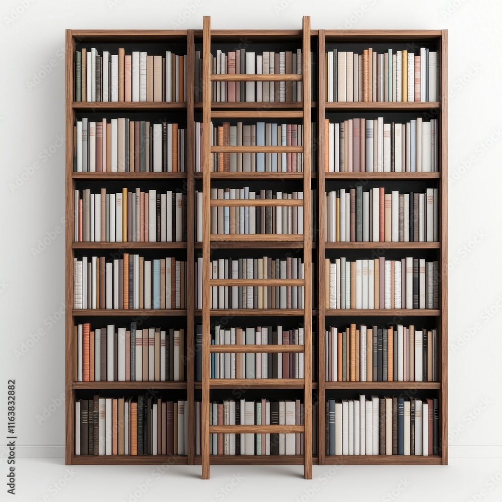 Wooden Library Bookshelf with a Ladder Against a Minimalist Wall Wooden Library Bookshelf with a Ladder Against a Minimalist Wall