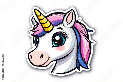 A cartoon unicorn head with a pink mane and a yellow horn