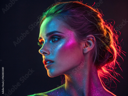 A beautiful female with a glowing face in neon colors.