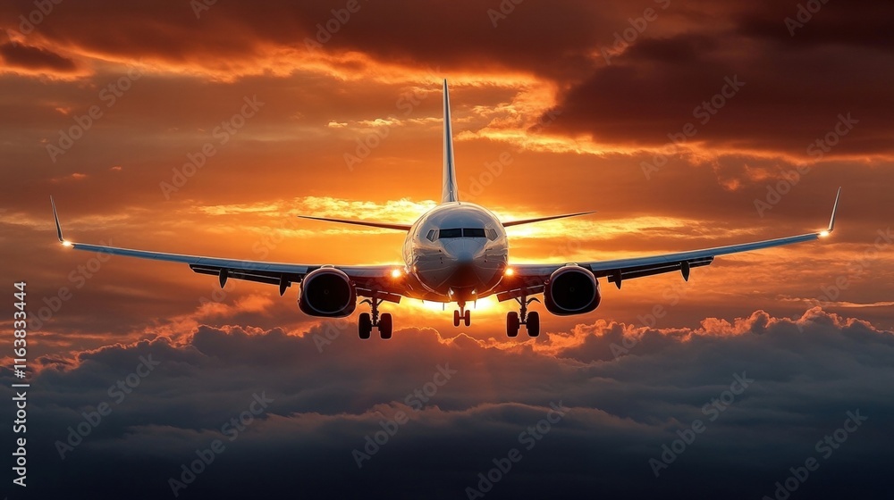 Modern Passenger Airplane in Flight Against Breathtaking Sunset Panorama Overclouded Horizon with Vibrant Colors and Scenic View Modern Passenger Airplane in Flight Against Breathtaking Sunset Panorama Overclouded Horizon with Vibrant Colors and Scenic View