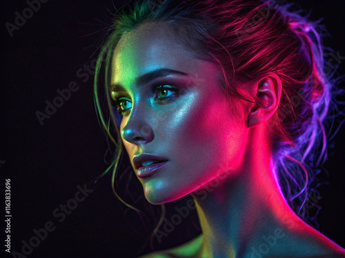 A beautiful female with a glowing face in neon colors.
