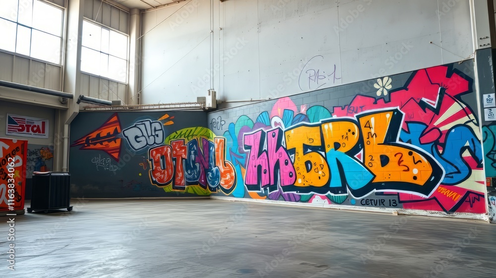 Naklejka premium Colorful Graffiti Mural Industrial Warehouse - AI Art