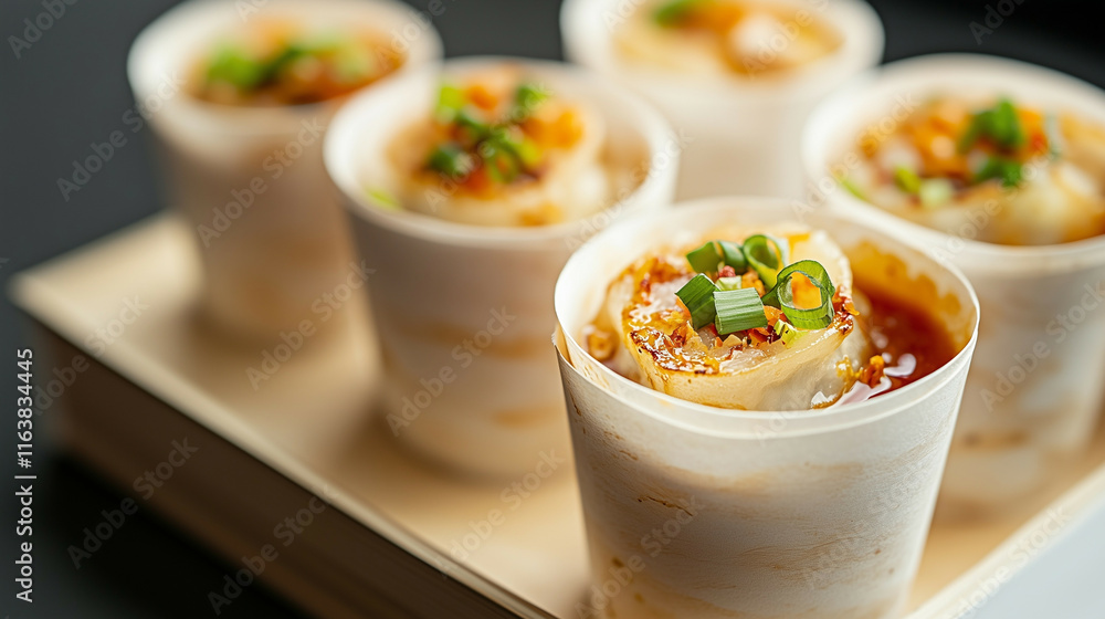 Bite-sized lumpia rolls served in eco-friendly paper cups with dipping sauce, perfect for casual gatherings and sustainable Chinese New Year celebrations. Bite-sized lumpia rolls served in eco-friendly paper cups with dipping sauce, perfect for casual gatherings and sustainable Chinese New Year celebrations.