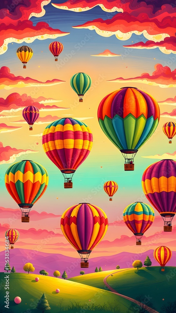Fototapeta premium Whimsical Hot Air Balloons in a Sunset Sky - Vertical Phone Wallpaper Background