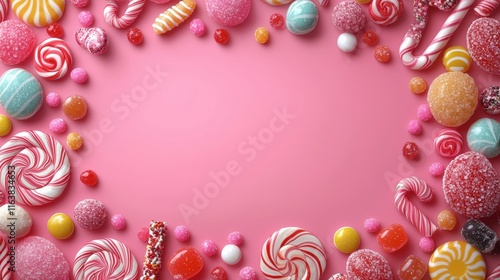 Colorful Candy Border with Various Sweets on Pink Background