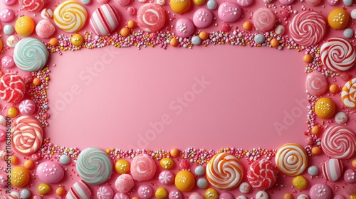 Colorful Candy Frame with Sweets and Sprinkles on Pink Background