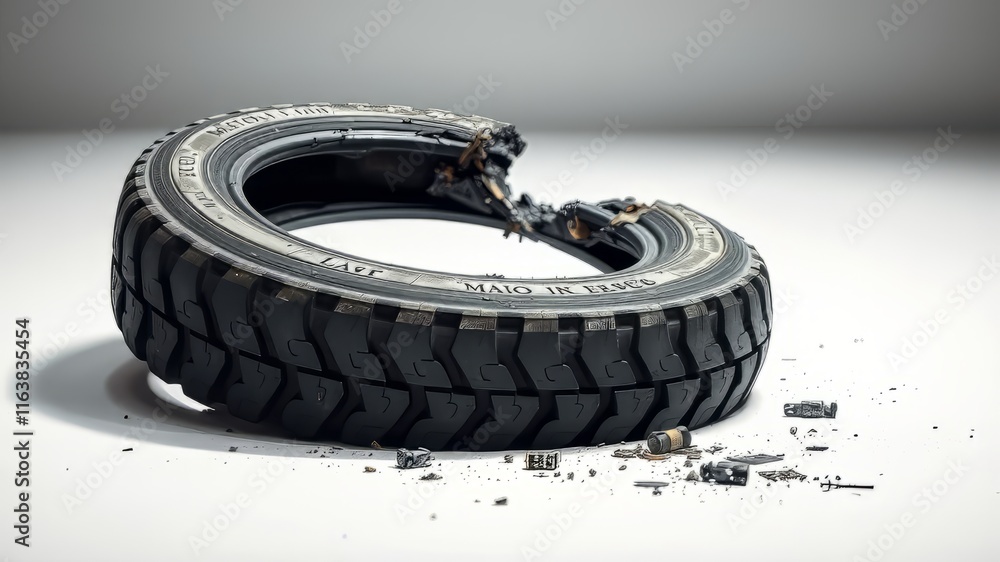 Damaged Tire on White Surface - High-Quality AI Photo Damaged Tire on White Surface - High-Quality AI Photo