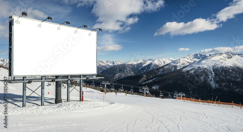 mockup of empty banner at ski resort in winter . Generative AI