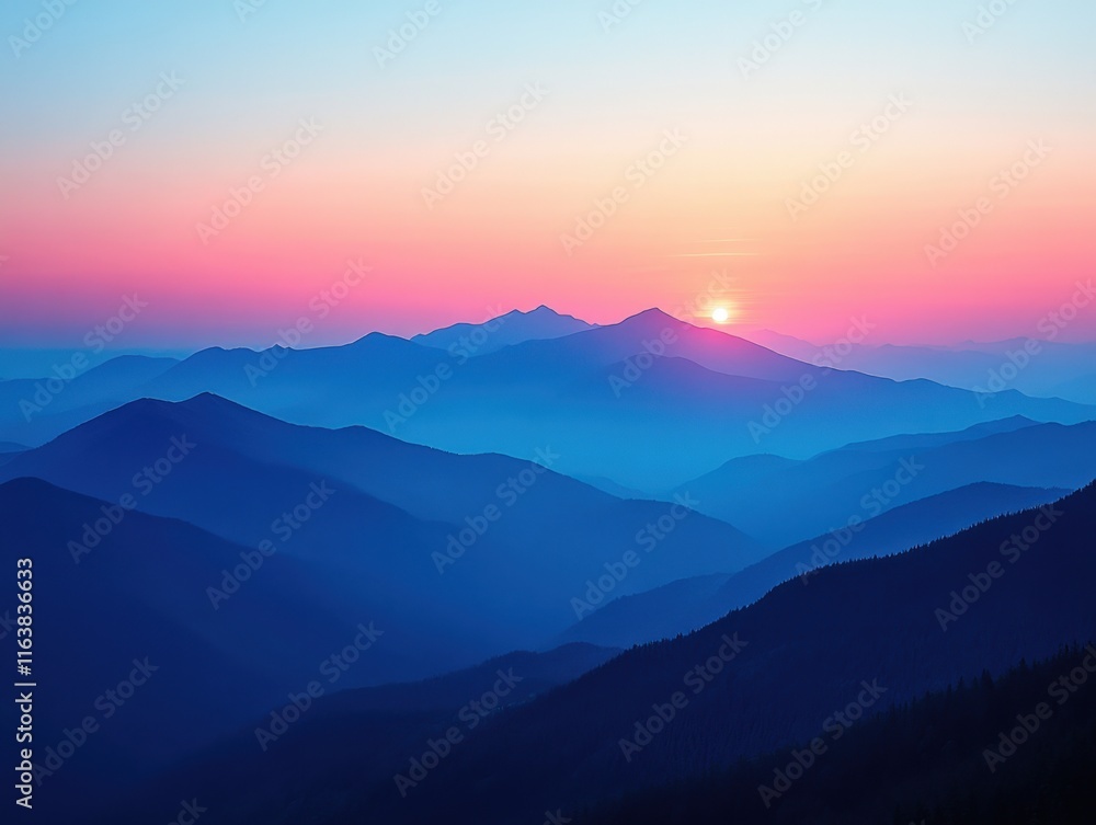 Obraz premium Serene sunset over layered mountain range.