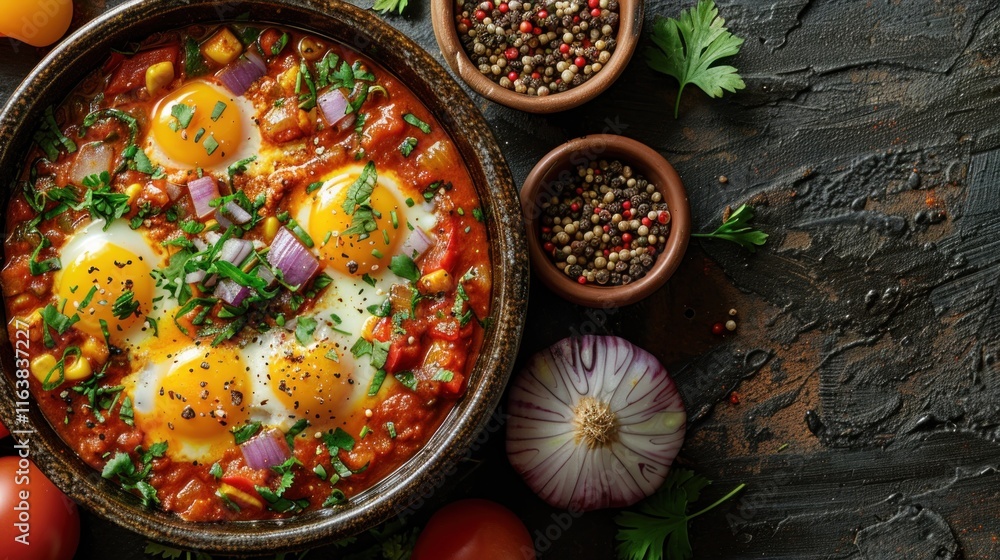 Shakshuka with tomatoes, eggs, and fresh herbs served in a pan on a dark background. Shakshuka with tomatoes, eggs, and fresh herbs served in a pan on a dark background.
