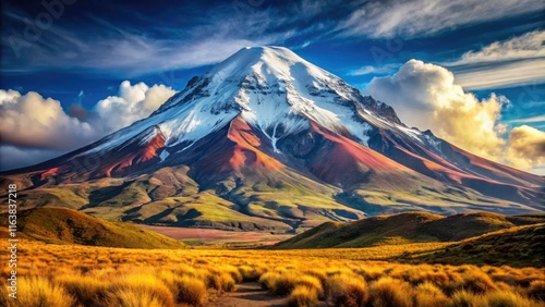 Majestic Chimborazo: Snow-Capped Volcano in Ecuador's Andes, Active Volcano, Breathtaking Landscape, Nature Photography, Outdoor Adventure, Mountain Scenery, High Altitude Beauty