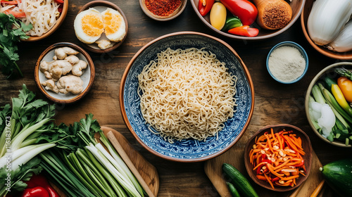 mie panjang umur served during Chinese New Year celebrations, garnished with fresh vegetables and traditional spices on a festive table photo