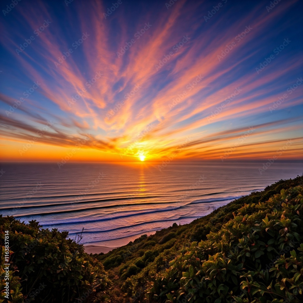 Naklejka premium The vivid colors of a sunrise over the ocean, with sunlight streaming through coastal mist.