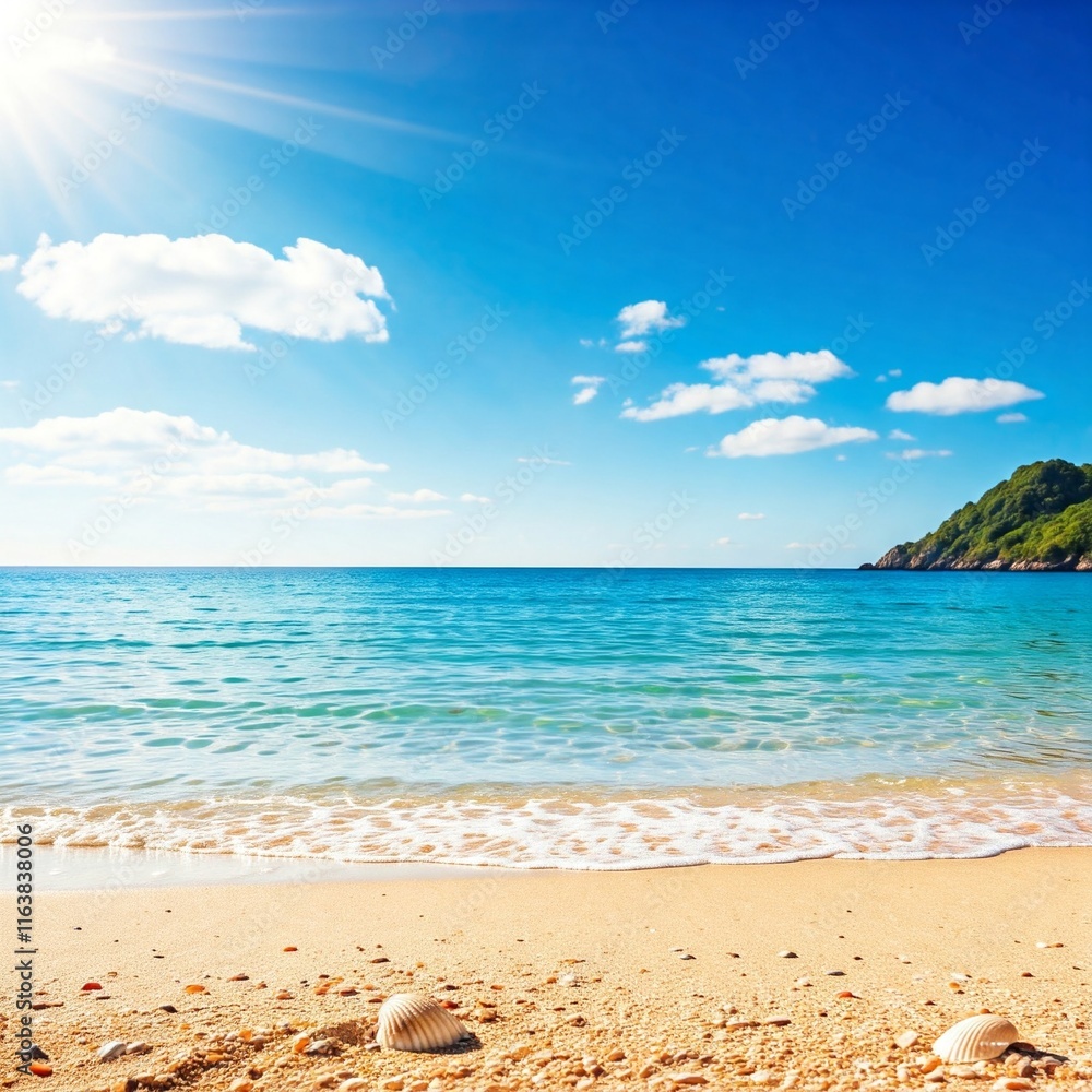 Obraz premium A dreamy tropical beach scene with turquoise waters, sunlight reflecting on waves, and shells dotting the shore. 