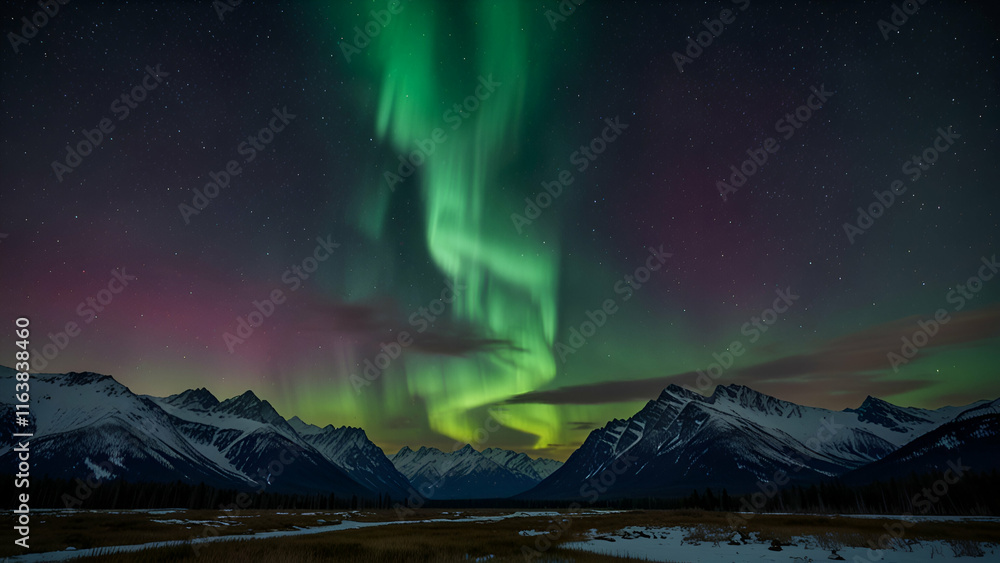 A Green Aurora Over a Snowy Mountain Lake A Magical Display of Nature's Vibrant Beauty A Green Aurora Over a Snowy Mountain Lake A Magical Display of Nature's Vibrant Beauty