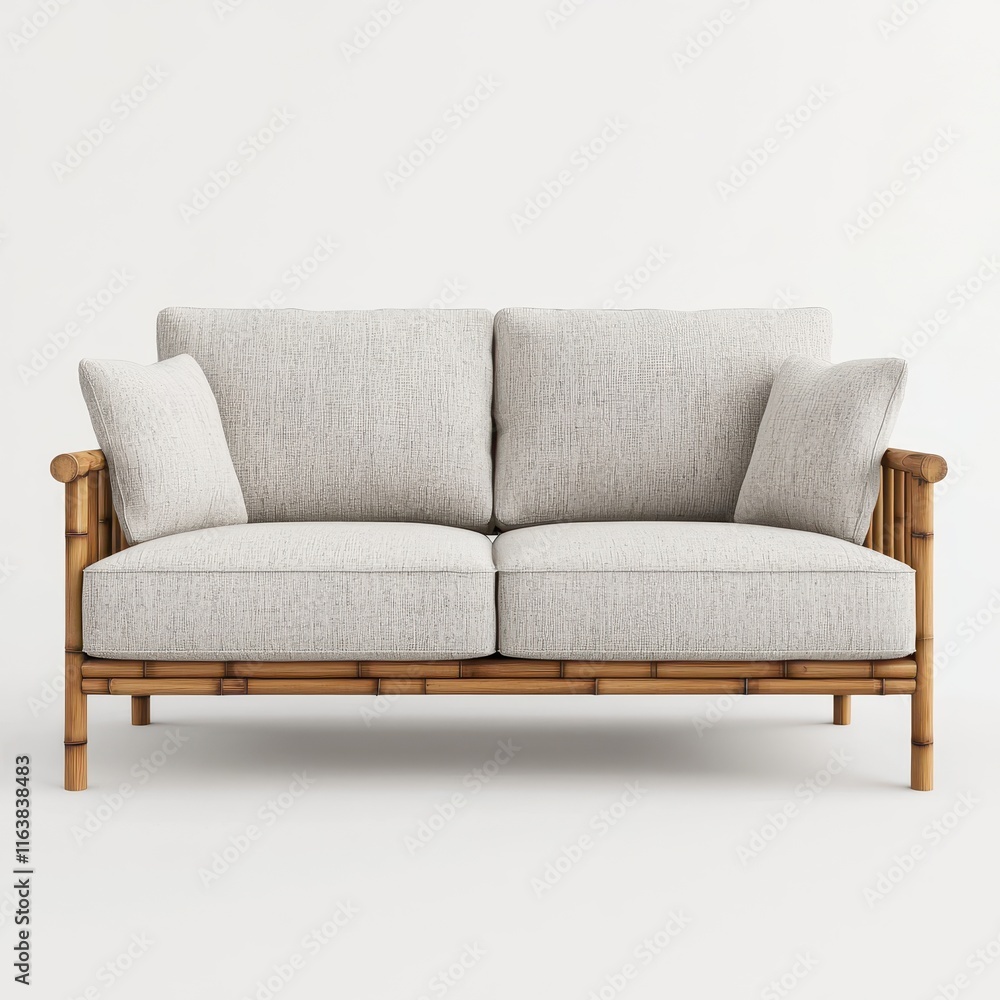 Fototapeta premium Modern Bamboo Sofa with Light Gray Cushions for Contemporary Living