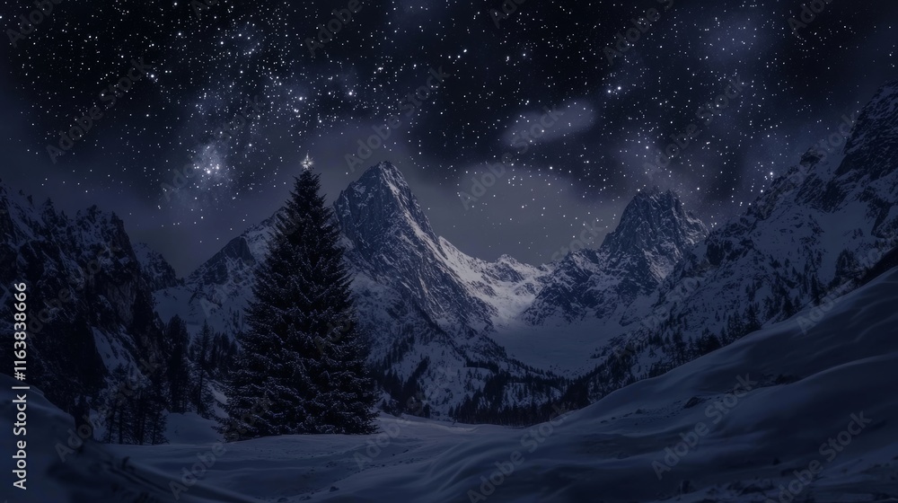 Starry Night Over Snow-Covered Mountains With Tall Evergreen Trees in a Tranquil Winter Landscape Starry Night Over Snow-Covered Mountains With Tall Evergreen Trees in a Tranquil Winter Landscape