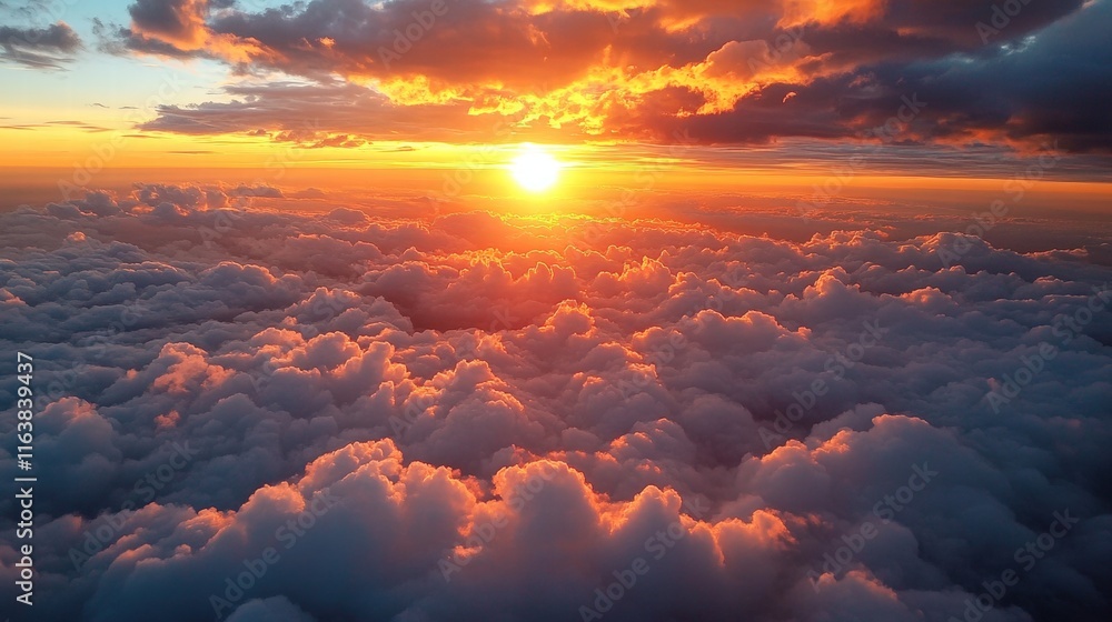 Breathtaking View of a Dazzling Sunset as the Sun Sinks Below the Horizon with Clouds Glowing in Warm Hues in an Aerial Perspective Breathtaking View of a Dazzling Sunset as the Sun Sinks Below the Horizon with Clouds Glowing in Warm Hues in an Aerial Perspective