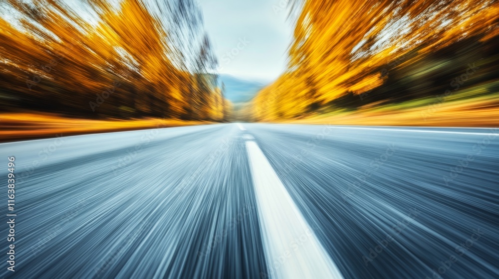 Blurred Motion Down a Winding Road Surrounded by Vibrant Autumn Trees in the Countryside During a Clear Day Blurred Motion Down a Winding Road Surrounded by Vibrant Autumn Trees in the Countryside During a Clear Day