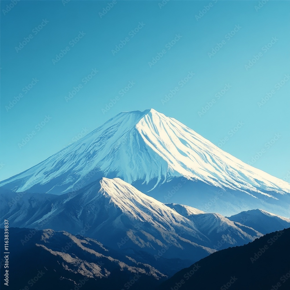 Majestic Snow-Capped Mountain Rises Against a Clear Blue Sky in a Serene Landscape Showcasing Nature's Beauty and Tranquility Majestic Snow-Capped Mountain Rises Against a Clear Blue Sky in a Serene Landscape Showcasing Nature's Beauty and Tranquility