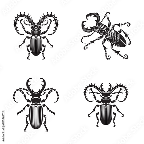 4 Set of Black Silhouettes of False Longhorn Beetle Showcasing Intricate Elegance in Black and White"