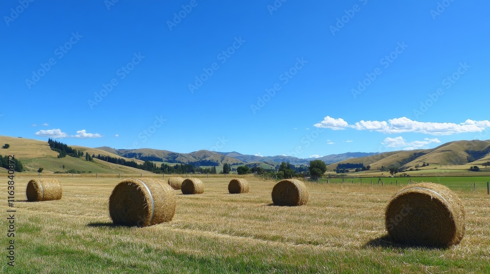 Rolling Hay Bales Under a Clear Blue Sky in a Peaceful Rural Landscape During Late Summer in New Zealand Rolling Hay Bales Under a Clear Blue Sky in a Peaceful Rural Landscape During Late Summer in New Zealand