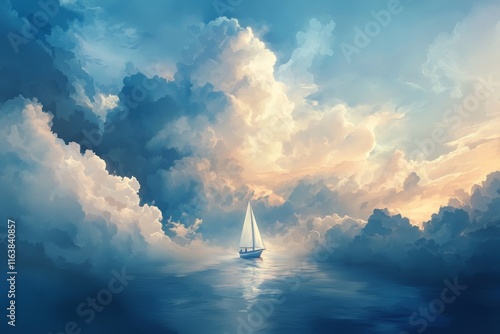 Sailing Through Serene Waters Under a Vast, Cloud-Filled Sky at Sunset With Gentle Reflections on the Calm Ocean Surface