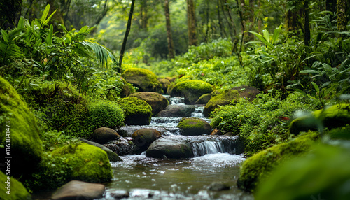 Enchanted Forest Stream with Cascading Waterfalls and Sunlight