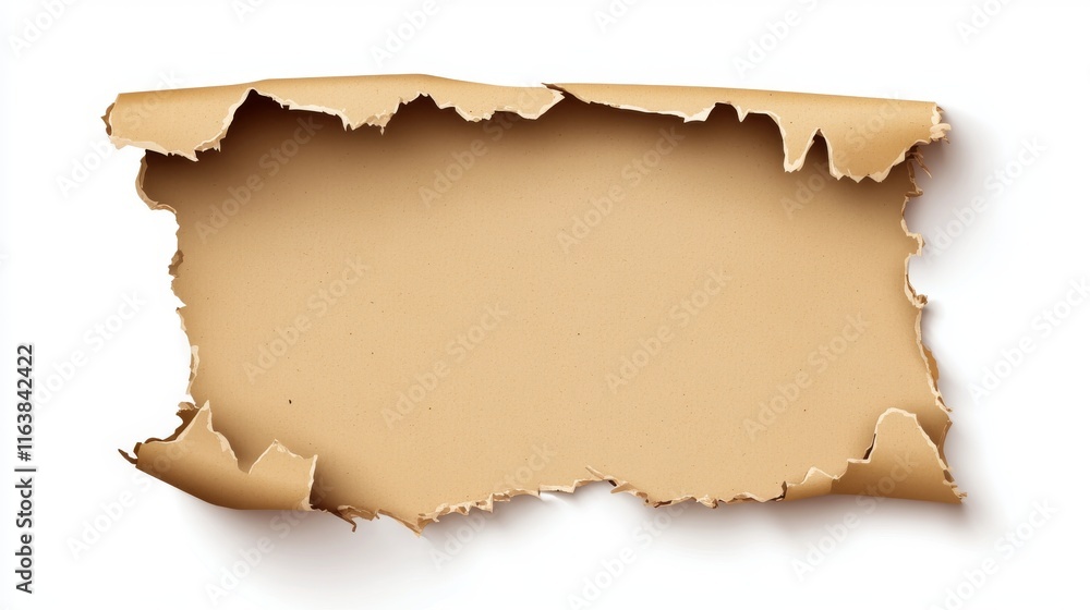 Fototapeta premium Paper banner with torn hole and rolled edge. Realistic vector illustration of ripped and folded strip or piece of notepad or cardboard page sheet with frame for text. Broken scrap with curled fragment