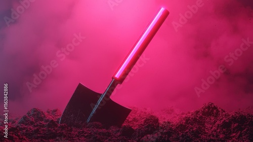 A futuristic shovel with a glowing neon blade is shown digging into a surreal industrial landscape engulfed in a vibrant pink hued mist or fog  The scene evokes a sense of technological advancement photo