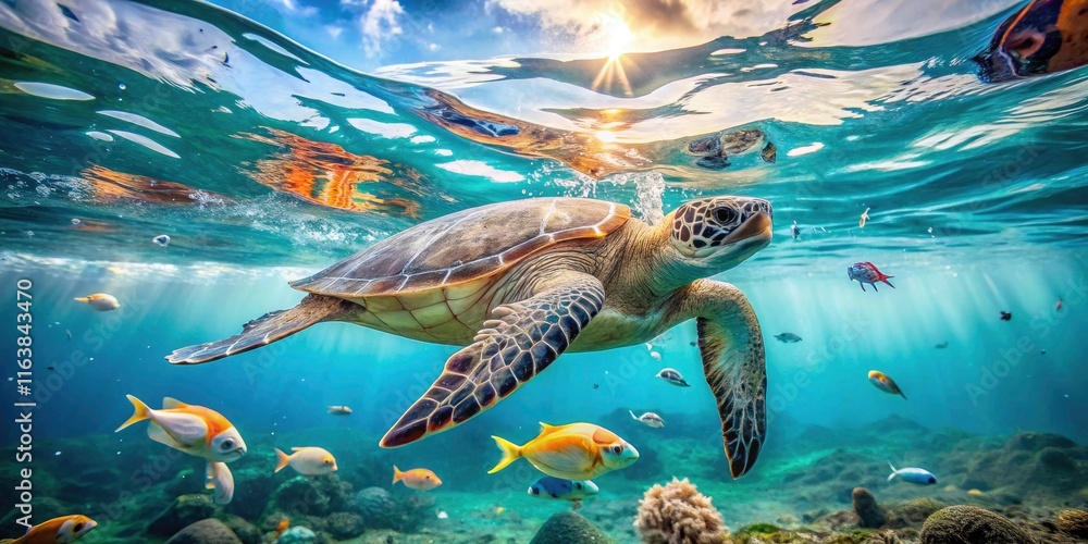 Fototapeta premium Sea Turtles Swimming Amidst Plastic Waste - Minimalist Photography of Ocean Pollution and Marine Life Protection
