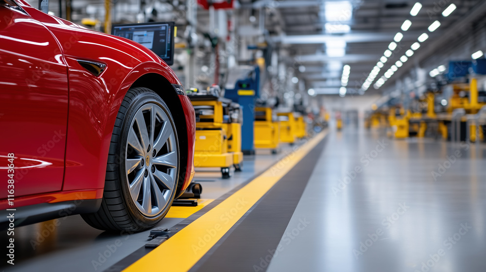 Red car in modern factory with advanced machinery Red car in modern factory with advanced machinery