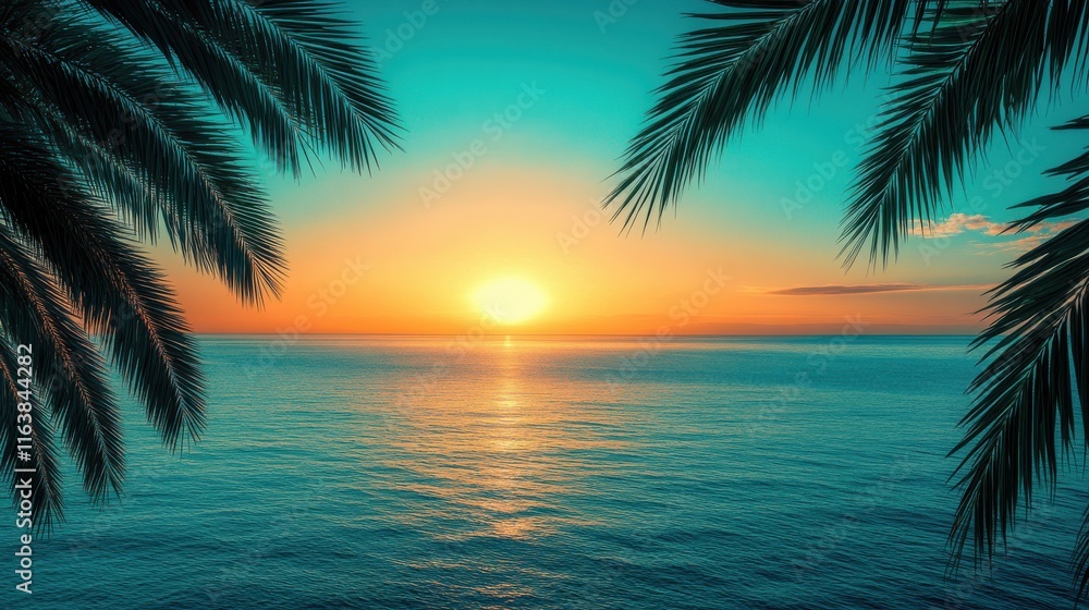 Ocean gradient with golden sunset and palm silhouettes Ocean gradient with golden sunset and palm silhouettes