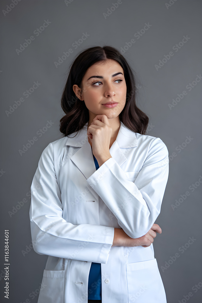Young confident doctor wearing lab coat thinking with hand on chin Young confident doctor wearing lab coat thinking with hand on chin