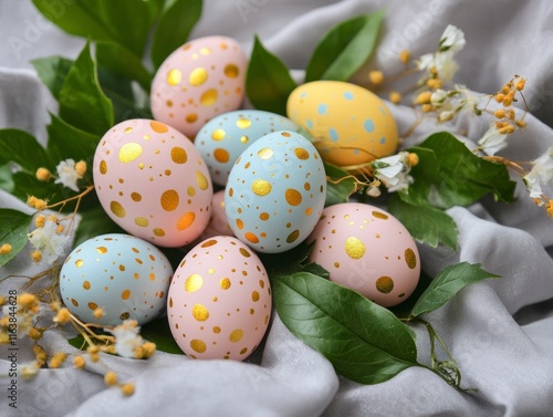 Colorful and Vivid Easter Eggs Decorated with Gold Dots on a Soft Fabric Background with Fresh Green Leaves photo