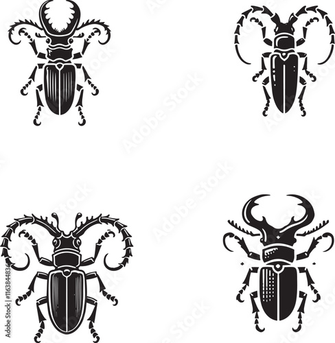 4 Set of Black Silhouettes of Flat-faced Longhorn Beetle Capturing Intricate Elegance in Black and White"