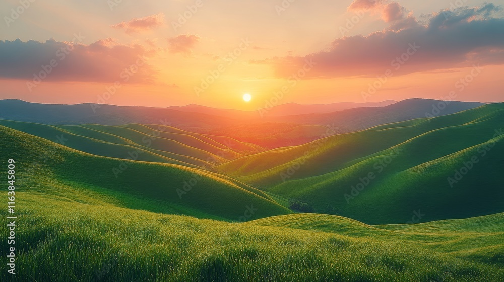 Sunset Over Rolling Green Hills in a Serene Landscape During the Golden Hour Sunset Over Rolling Green Hills in a Serene Landscape During the Golden Hour