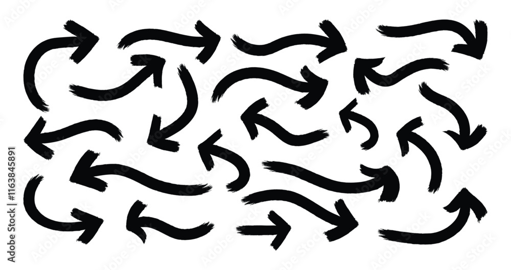Various brush drawn curved arrows. Collection doodle arrows in different directions. Hand drawn pointers. Curved and wavy brush strokes. Various brush drawn curved arrows. Collection doodle arrows in different directions. Hand drawn pointers. Curved and wavy brush strokes.