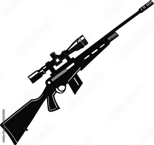 Sniper rifle, bolt-action, high-powered scope, black and white illustration, detailed weapon design, sleek modern firearm, precision shooting Vector