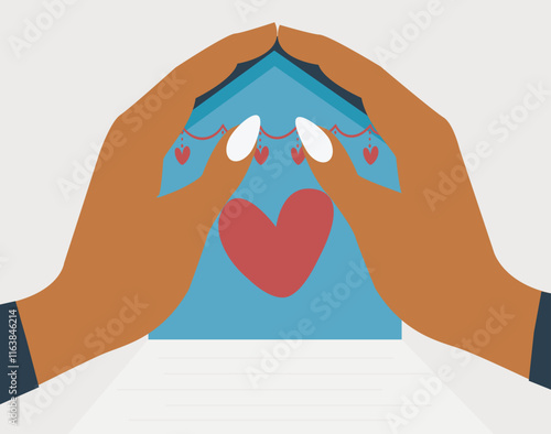 Two hands form a roof over a blue house with a heart inside. Single mother protects her house and children. Concept that shows love, care, safety, family support, and protection in the home. 