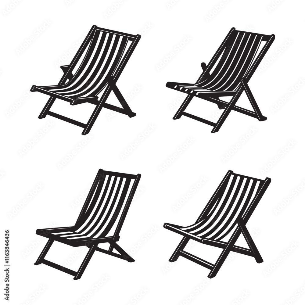 Set of Beach Chair silhouette, black and white silhouette, vector and illustration Set of Beach Chair silhouette, black and white silhouette, vector and illustration