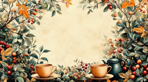 Cozy Autumn Tea Time with Colorful Leaves and Empty Background