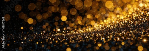 shimer golden background, sparkling golden particles, black backdrop, shimmering texture, holiday celebration feel
 photo