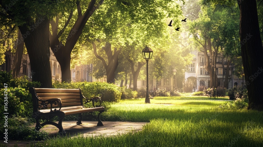 City park with green trees and grass, wooden bench, lanterns and town buildings on skyline. Vector cartoon summer landscape with empty public garden, birds and sun beams City park with green trees and grass, wooden bench, lanterns and town buildings on skyline. Vector cartoon summer landscape with empty public garden, birds and sun beams