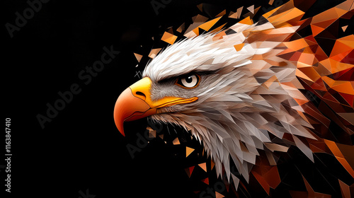 A striking, abstract depiction of an eagle's head, showcasing intricate details with vibrant colors against a dark background. photo