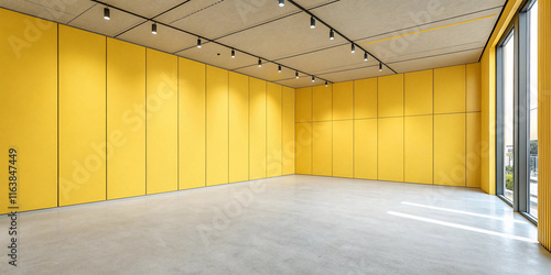 A 3D yellow room corner with an empty interior 