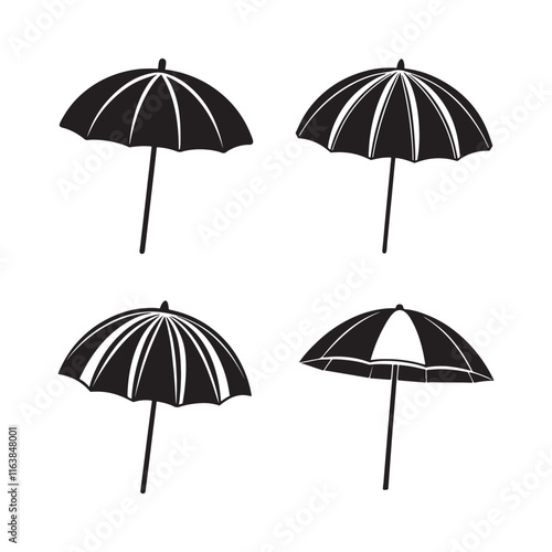 set of beach umbrella silhouette, black and white silhouette, vector and illustration